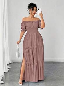 Elenzga Đầm Maxi hở vai màu xanh denim trơn cỡ lớn cho nữ, eo chun, thanh lịch, thường ngày, xẻ tà, xuân/hè - Bụi hồng - Xem 5