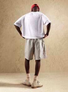 SUMWON Quần short cotton sọc rút dây mùa hè thoải mái vừa vặn khi đi nghỉ dưỡng, mặc ở nhà - Màu be - Xem 5
