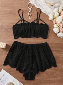 Plus Size Sexy Revealing Lace Bra Top And Shorts Pajama Set