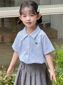 Dazy Kids 女童编织条纹刺绣短袖衬衫，夏季 - 藍色 - 查看 7
