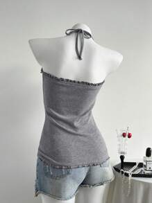Elamini Women's Summer Casual Solid Color Ruched Backless Halter Top - Dark Grey - View 2