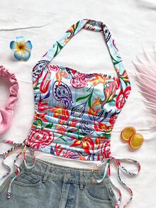 Soleia Nouveau style Débardeur de vacances à fines bretelles avec cordon pour femmes - Multicolore - Voir 5