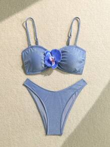 Soleia Conjunto de bikini de dos piezas con Top bandeau decorada con flores 3D y sexy para mujer, ideal para playa de verano - Azul - Ver 5