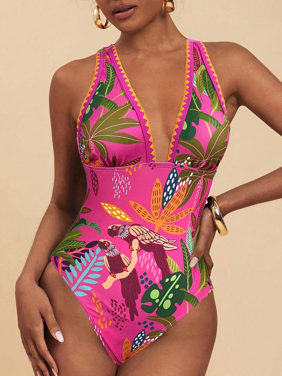 Travachic 女士热带植物印花低胸连体泳衣