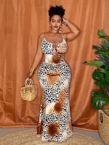 Veslaya 2025 New Spring/Summer Fashion Plus Size Women Retro Western/Tropical Resort/Music Festival/Club/Road Trip/-Travel/Casual City/Graduation Date/Elegant Vacation Fitted Spaghetti Strap Blue Ombre Leopard Hollow Beaded Maxi Dress,Summer Dresses For Women,Maxi Dress - Multicolor - View 8