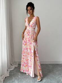 Lyxana Váy xếp ly hở cao họa tiết hoa thanh lịch mùa hè - Nhiều màu - Xem 3