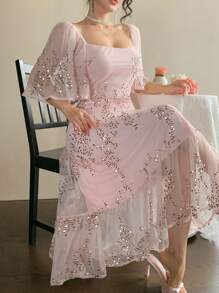 DAZY Đầm midi voan in hoa cổ vuông viền bèo cho nữ, thích hợp cho ngày Valentine, đi nghỉ mát hoặc lễ Phục sinh. - Màu Hồng baby - Xem 6