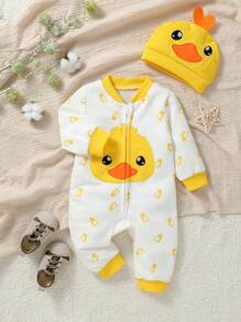 SHEIN 男婴休闲长袖连体衣，可爱鸭子印花，配有帽子，适合春秋季居家玩耍或户外活动。 - 彩色 - 查看 5