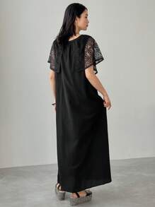 FRIFUL Đầm dài dáng rộng, cổ chữ V, không tay, phối ren tương phản, màu trơn, thích hợp cho nữ, kiểu dáng thường ngày, thích hợp mặc đi nghỉ mát. - màu đen - Xem 5