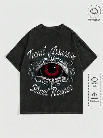 Camiseta de manga corta estampada con diseño de anime con efecto vintage lavado para hombres