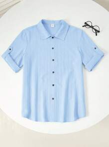 青少年男孩/青少年男孩休闲百搭柔软波浪图案立领宽松短袖编织纯色衬衫，适合学校、花园、海滩、生日、春季、夏季、秋季、冬季