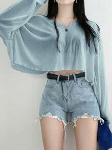 DAZY Women's Solid Color Loose Fit V-Neck Cropped T-Shirt, Spring/Summer Preppy Tops Long Sleeve Women Tops,Fall Women Clothes - Blue - View 6