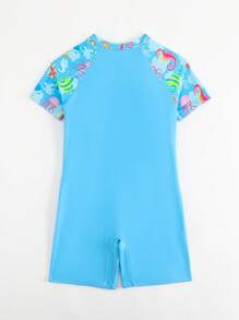 海军蓝色连体女童泳衣，带有海洋动物图案，前拉链设计，适合游泳，夏季