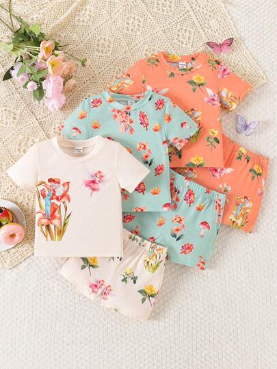 SHEIN 6pcs Set Baby Girls Cute Flower Print Short Sleeve Top And Shorts Set, Elegant And For Spring/Summer Floral Baby Clothes Fairy Baby Clothes