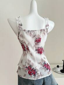 SHEIN PETITE Women's Elegant Floral Print Ruffle Hem Sleeveless Top, Summer ,Petite Women - Apricot - View 2