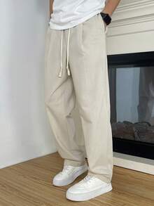 Manfinity Homme Men's Solid Color Drawstring Waist Pocket Straight Loose Casual Pants - Beige - View 4