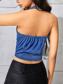 Flexra Women's Summer Single-Breasted Fashionable Denim Halter Top - Dark Wash - View 2