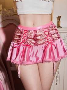 FairyFlirt Satin Ruffle Edge Playful Ruched Strap Satin Garter Belt, Women Lingerie Accessories, Pink