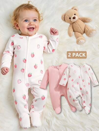 SHEIN 2件套新生儿/婴儿女童舒适草莓印花长袖连体衣，柔软舒适，是送礼佳品，每个宝宝的必备单品，适合所有季节及秋冬季户外穿着。
