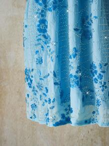 SHEIN ICON 大码亮片刺绣 V 领吊带节日连衣裙，蓝色 - 淺藍色 - 查看 5