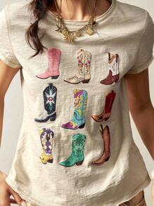 Bohemela Plus Size Summer Casual Western Boot Print T-Shirt,Vintage