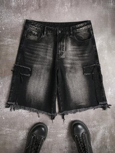 Manfinity EMRG Plus Size Men Fashion Casual Street Style Distressed Button Denim Shorts Ripped Denim Shorts Hang Out Going Out Party Vacation Street