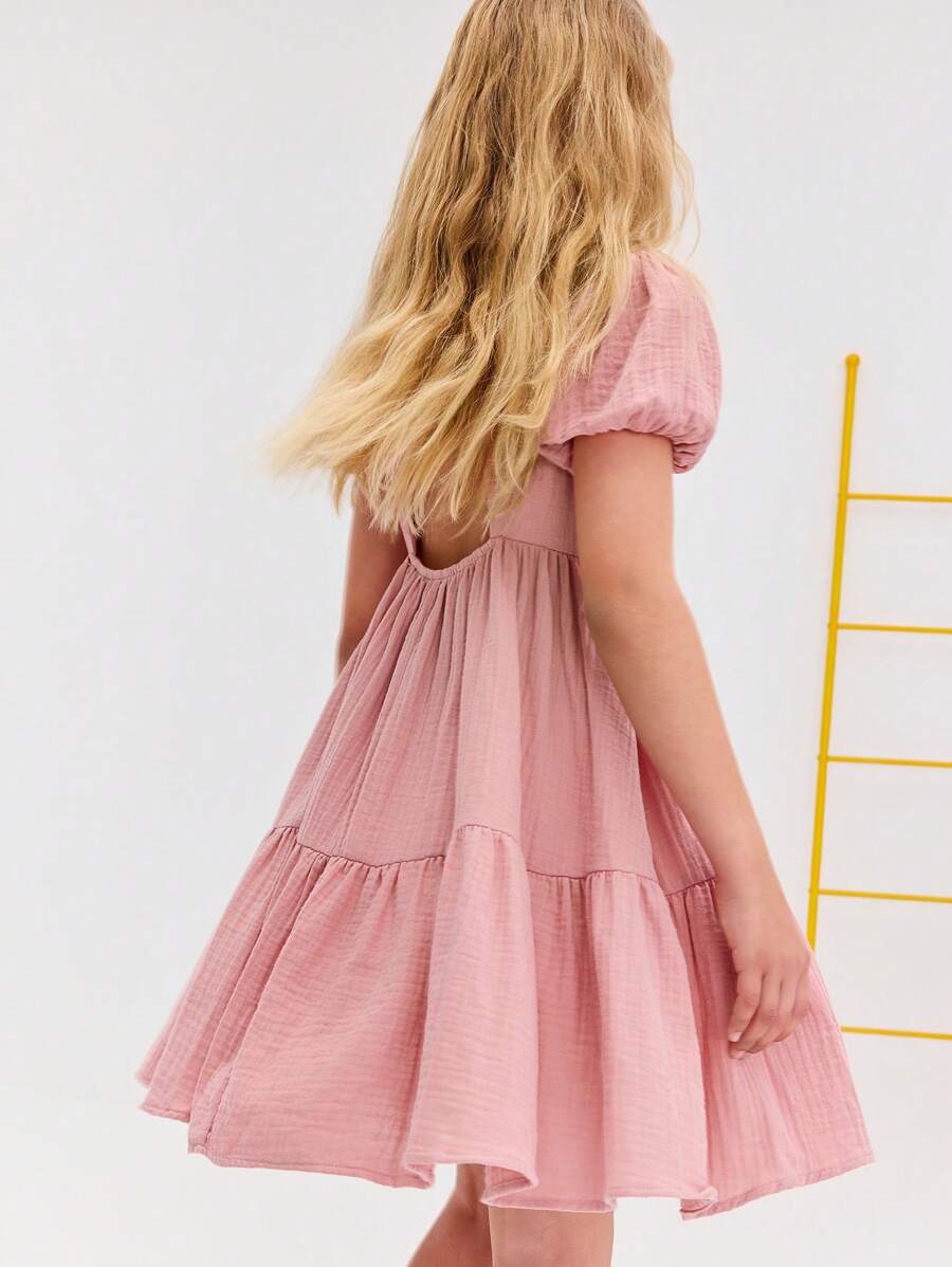 Leap Crew Leap Crew 青少年女孩休闲简约舒适圆领泡泡袖镂空后背长裙 - 粉色 - 查看 1