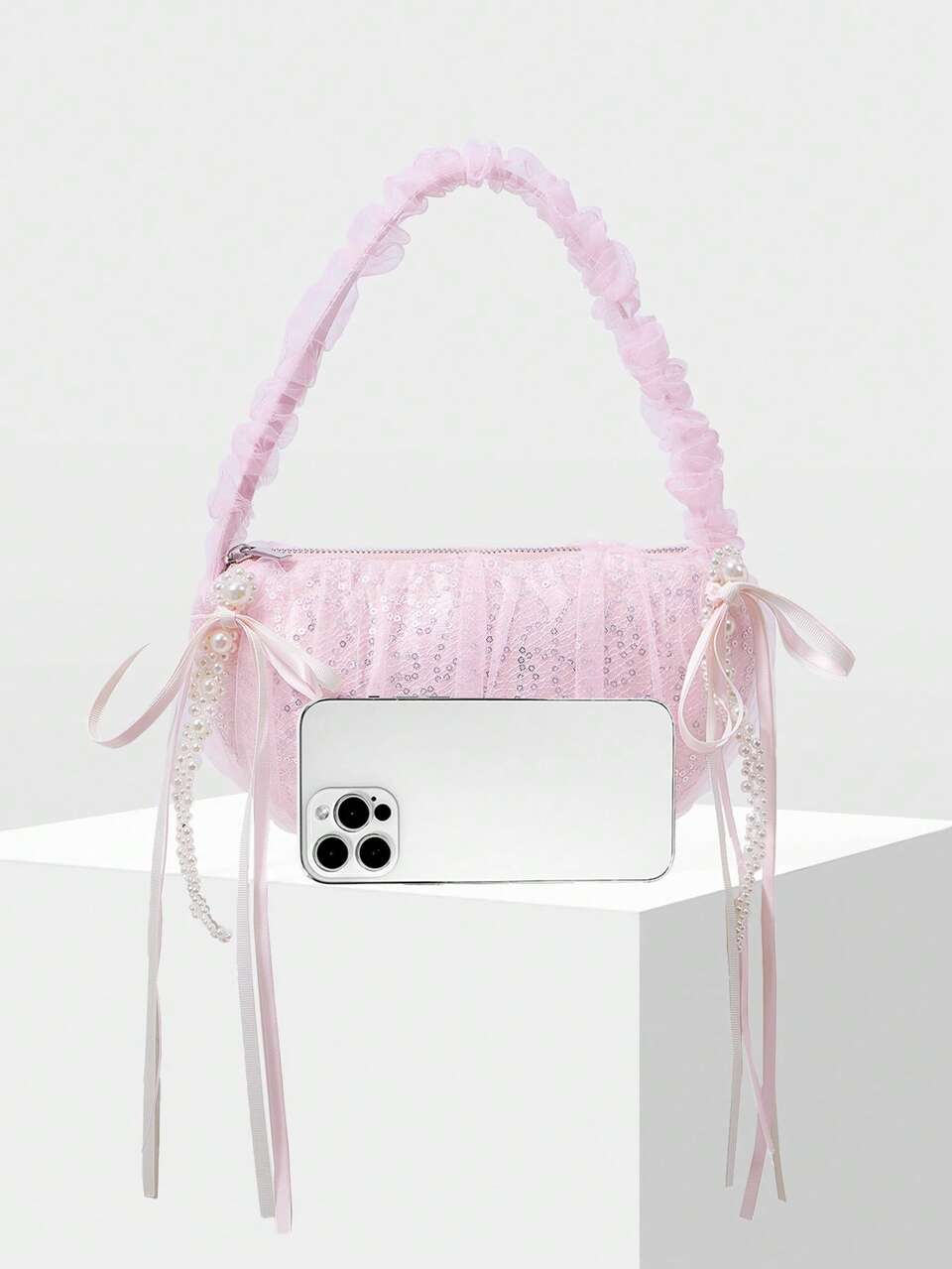 MESH RUFFLE BOW SHOULDER BAG