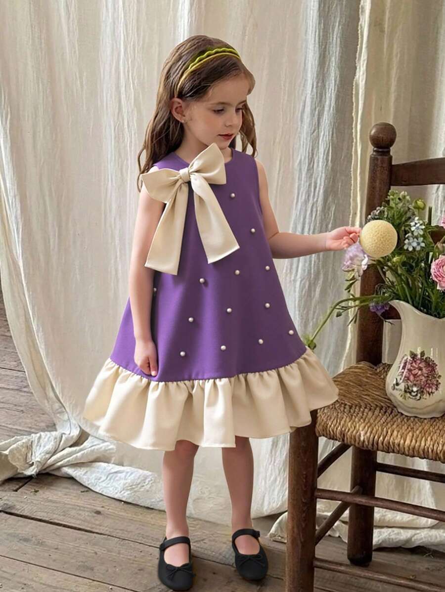 SHEIN Elladie kids Young Girl's Summer New Pearl Bow Sleeveless A-Line Ruffle Hem French Princess Style Elegant Simple Commuting Dress - Purple - View 1