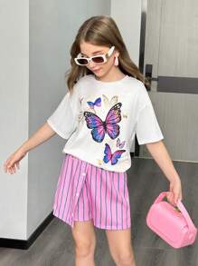 SHEIN Tween Girls Butterfly Print Round Neck Drop Shoulder T-Shirt And Striped Shorts Casual Outfit - White - View 5