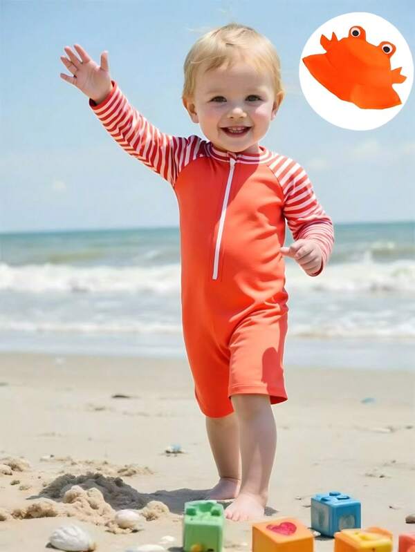 2025 Newly Designed Baby Boys' Swimwear, Crab Claw & Eye Graphic Orange Hat & Striped Casual And Sporty One-Piece Swimsuit, Suitable For Vacation, Beach, Summer