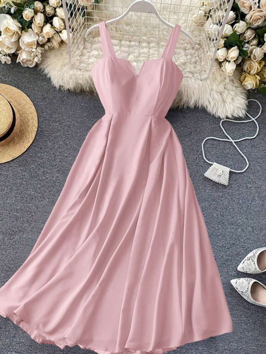 SHEIN Clasi 加大码女式优雅派对细肩带轻薄雪纺连衣裙长款女装 - 粉色 - 查看 1