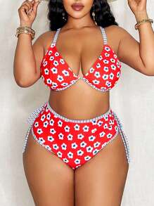 Slaydiva Plus Size Women 2-Piece Ditsy Floral & Striped Random Print Padded Underwired High Waisted Tie-Up Bikini Set, Simple Fashionable Beach Vacation Swimwear - Red - View 1