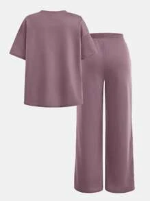 SHEIN 青少年女孩两件套：宽松字母印花装饰阔腿裤和上衣 - 淺灰紫 - 查看 2