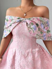 Elenzga Spring/Summer Off Shoulder Pink Butterfly Embroidered Lace Dress