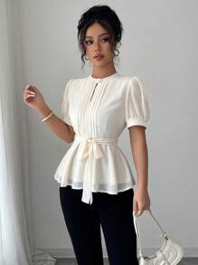 Elenzga Áo cánh thường ngày tay ngắn cổ tròn tay bồng thắt nơ trang trí viền chữ A thanh lịch cho nữ, mùa xuân/hè - Màu be - Xem 4