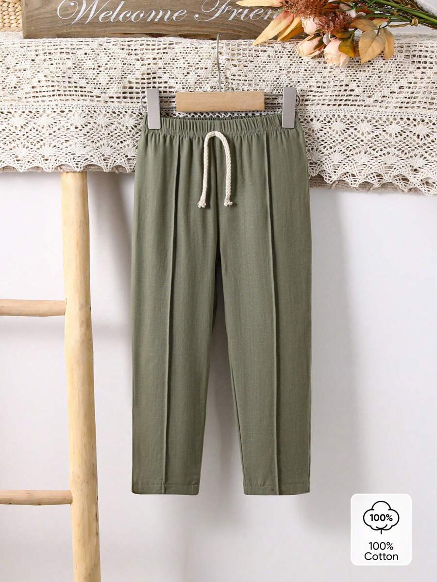 Vintaside Kids Young Boys' Casual Soft Woven Drawstring Pants, Countryside Style, Spring/Summer - Army Green - View 1