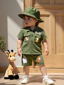 SHEIN 婴幼儿男孩可爱丛林动物印花连帽休闲连体衣，适合日常穿着、郊游、聚会、度假、春夏季 - 軍綠色 - 查看 6