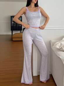 DAZY Conjunto de pijama de mujer con estampado floral pequeño y aplicaciones de encaje