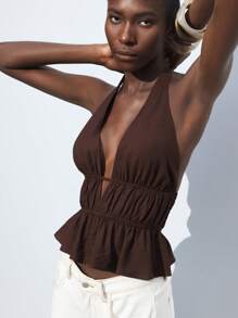 Maija Women's Sexy Solid Color Backless Halter Neck Top, Summer Brown Halter Top Deep V Neck Top Chocolate Brown Top Ruched Top Dark Brown Top,Autumn Outfits For Women, Christmas Women's Clothing