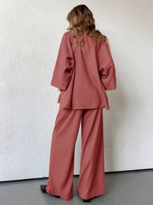 Aveloria Modichic 2pcs/Set Women Blended Side Slit Loose Shirt And High Waist Wide Leg Pants Elegant Business Casual Women  - Coral Pink - View 3