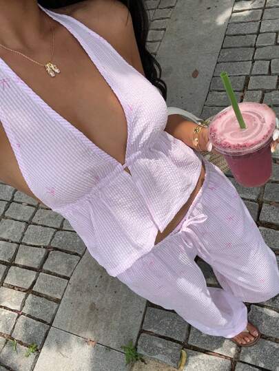 Sunnyshic 2pcs/Set Striped Bow Print Ruched Fabric Deep V Halter Backless Top And Low Waist Drawstring Straight Wide Leg Pants, Summer Vacation Beach Sexy Casual Lounge Party Date Outfit For Women