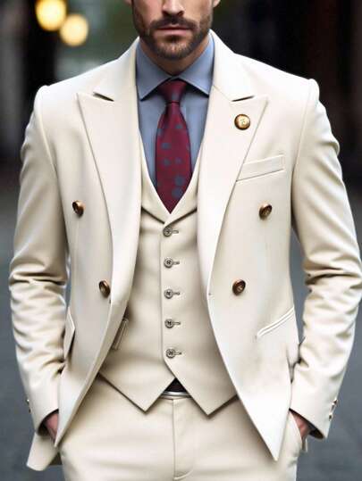 Manfinity Mode Plus Size Men's Solid Color Double-Breasted Suit, Blazer And Pants Set