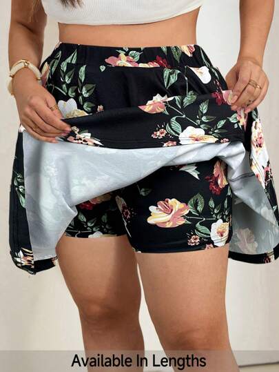 SHEIN Tall CURVE Plus Size Women Summer Boho Floral Printed Skort With Pockets For Vacation Valentine's Day