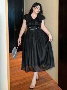 Dazy Plus Solid Color Chiffon Ruffle Collar Decorative Waist Cinched Waist Long Black Short Sleeve Summer Dress