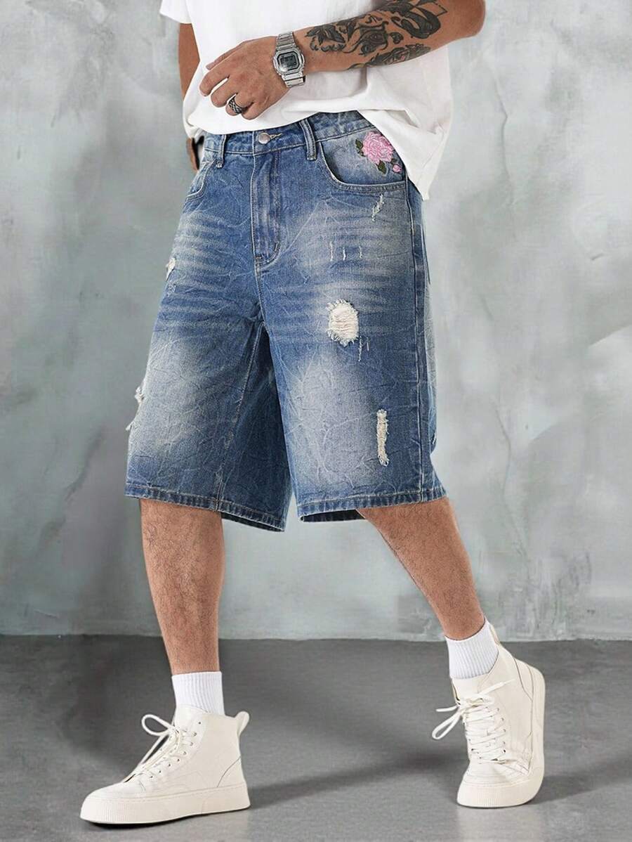 Manfinity Roughcore Quần short denim Bermuda họa tiết hoa giản dị dành cho nam - Màu xanh lam - Xem 1