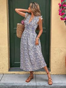 SHEIN Frenchy Women's Casual Ditsy Floral Dress For Vacation Summer Blue Beach