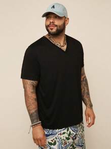 EASEVO Men's Plus Size Elastic Knit V-Neck Black Short Sleeve T-Shirt, Slim Fit, Summer, School