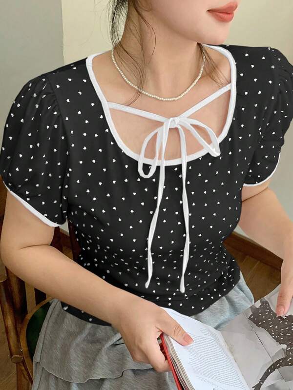 Dazy Plus Colorblock Lace-Up Round Neck Heart & Floral Print Slim Fit Casual T-Shirt For Teenage Girls
