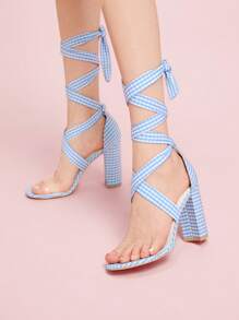 CUCCOO DOLLMOD 女士时尚优雅通勤休闲度假混色撞色绑带格纹面料粗跟蓝色罗马凉鞋 - 藍色 - 查看 4